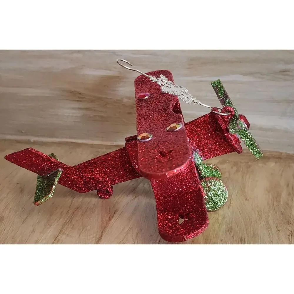 Christmas Tree Ornament Wooden Glitter Plane See Pictures